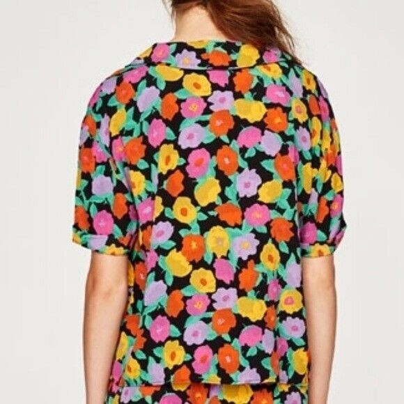 ZARA Trafaluc Small Floral Print Button-Up Shirt Open V-Neck Rolled Short Sleeve - Picture 5 of 16